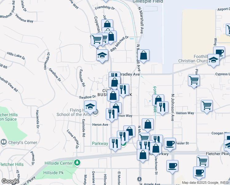 map of restaurants, bars, coffee shops, grocery stores, and more near 1277 Cuyamaca Street in El Cajon