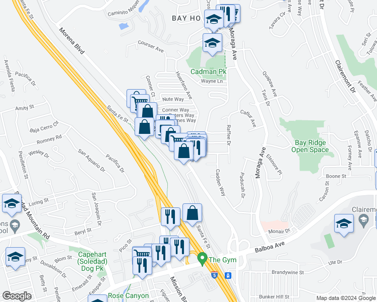 map of restaurants, bars, coffee shops, grocery stores, and more near 4025 Avati Drive in San Diego