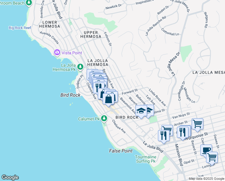 map of restaurants, bars, coffee shops, grocery stores, and more near 427 Forward Street in San Diego