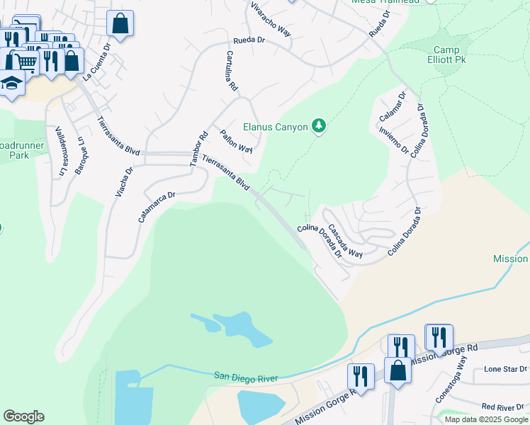 map of restaurants, bars, coffee shops, grocery stores, and more near 11233 Tierrasanta Boulevard in San Diego