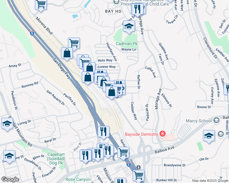 map of restaurants, bars, coffee shops, grocery stores, and more near 4061 Huerfano Avenue in San Diego