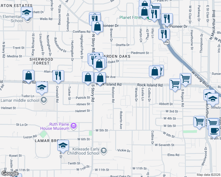 map of restaurants, bars, coffee shops, grocery stores, and more near in Irving