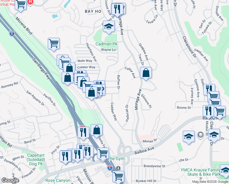 map of restaurants, bars, coffee shops, grocery stores, and more near 3270 Eichenlaub Street in San Diego