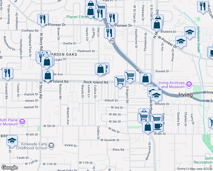 map of restaurants, bars, coffee shops, grocery stores, and more near 102 Bowman Street in Irving