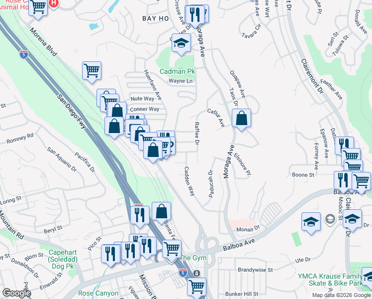 map of restaurants, bars, coffee shops, grocery stores, and more near 3252 Eichenlaub Street in San Diego