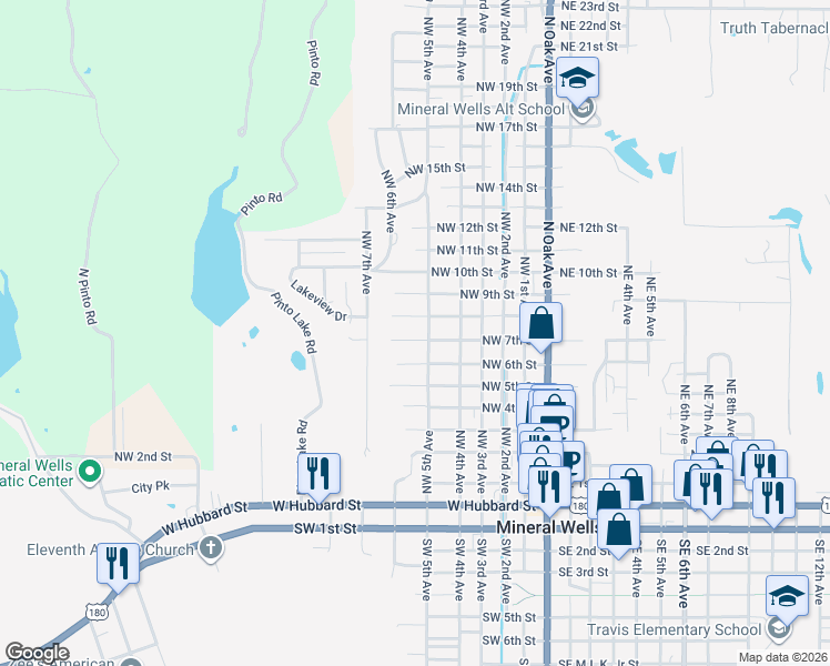 map of restaurants, bars, coffee shops, grocery stores, and more near 608 Northwest 7th Street in Mineral Wells