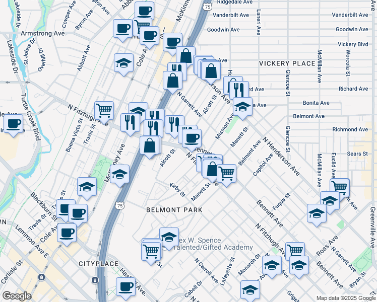 map of restaurants, bars, coffee shops, grocery stores, and more near 2722 North Fitzhugh Avenue in Dallas