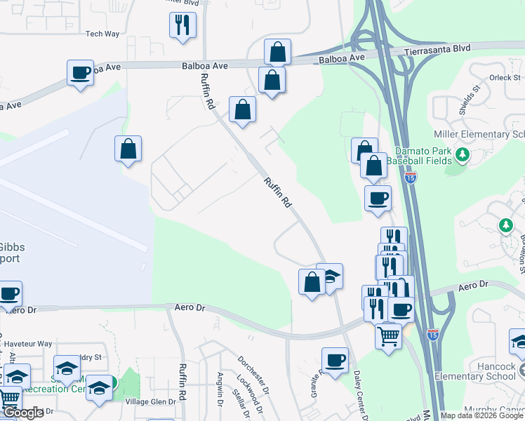 map of restaurants, bars, coffee shops, grocery stores, and more near 4000 Ruffin Road in San Diego