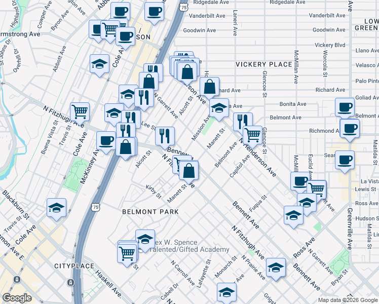 map of restaurants, bars, coffee shops, grocery stores, and more near 5004 Mission Street in Dallas