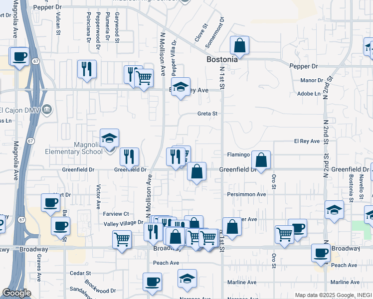 map of restaurants, bars, coffee shops, grocery stores, and more near 1415-17 Flag Lane in El Cajon