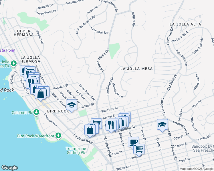 map of restaurants, bars, coffee shops, grocery stores, and more near 5512 Candlelight Drive in San Diego
