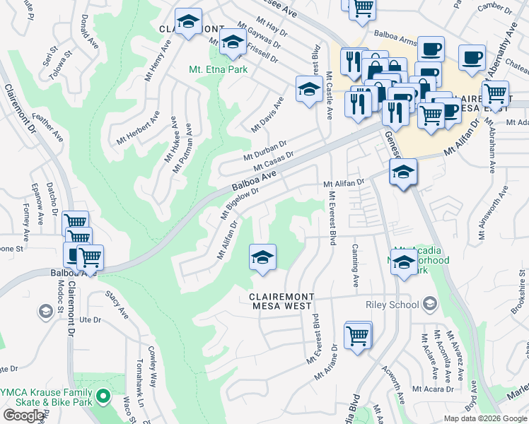 map of restaurants, bars, coffee shops, grocery stores, and more near 4836 Mount Alifan Drive in San Diego