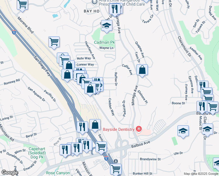 map of restaurants, bars, coffee shops, grocery stores, and more near 3252 Eichenlaub Street in San Diego