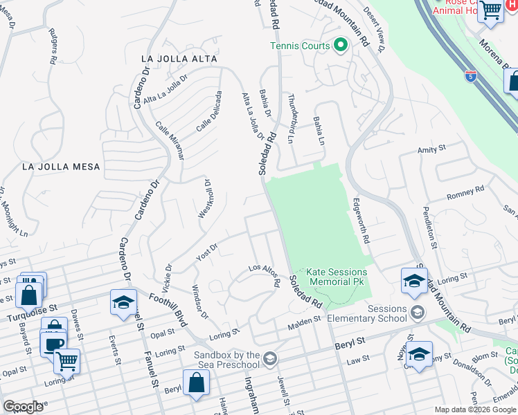 map of restaurants, bars, coffee shops, grocery stores, and more near 1765 Soledad Way in San Diego