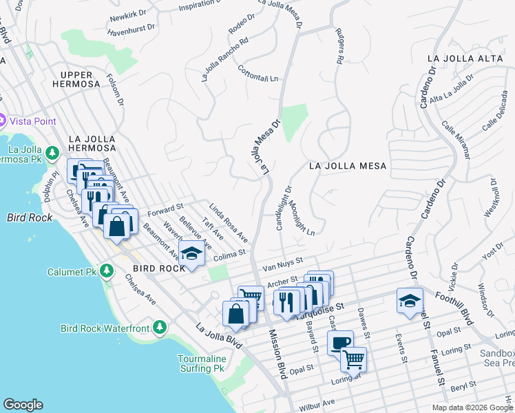 map of restaurants, bars, coffee shops, grocery stores, and more near 5575 Ladybird Lane in San Diego