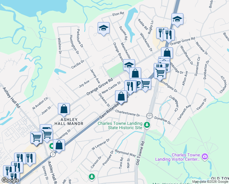 map of restaurants, bars, coffee shops, grocery stores, and more near 1313 New Castle Street in Charleston