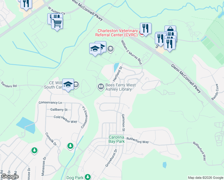 map of restaurants, bars, coffee shops, grocery stores, and more near 4070 Hartland Street in Charleston