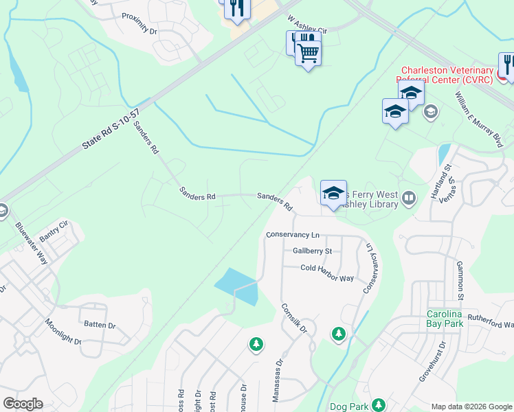 map of restaurants, bars, coffee shops, grocery stores, and more near 3182 Sanders Road in Charleston