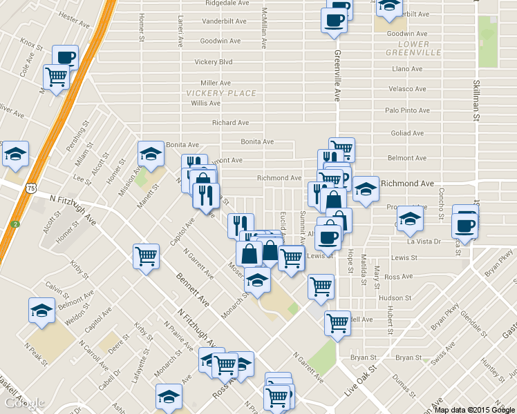 map of restaurants, bars, coffee shops, grocery stores, and more near 5443 Melrose Avenue in Dallas