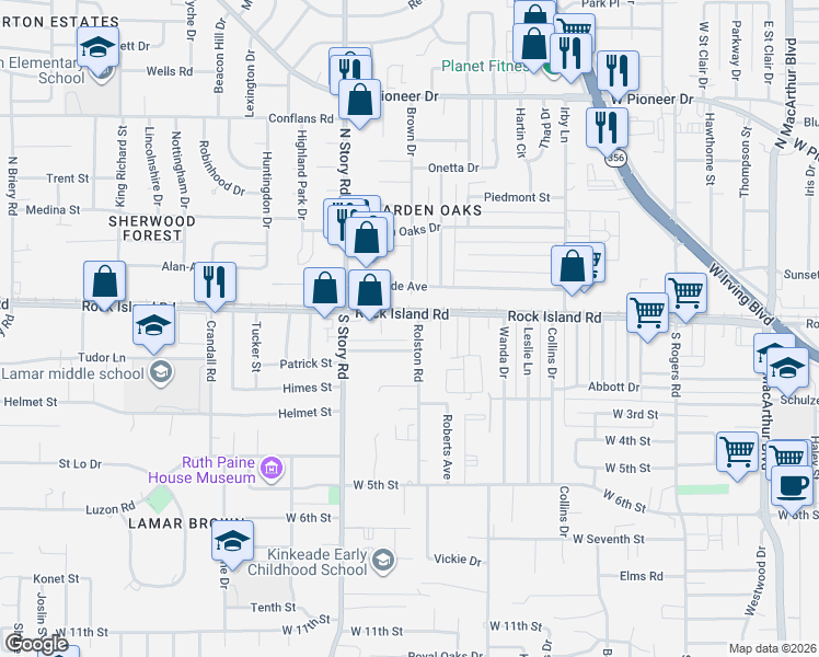 map of restaurants, bars, coffee shops, grocery stores, and more near in Irving