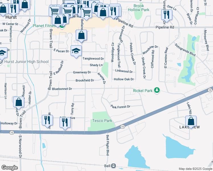 map of restaurants, bars, coffee shops, grocery stores, and more near 448 Arwine Drive in Hurst