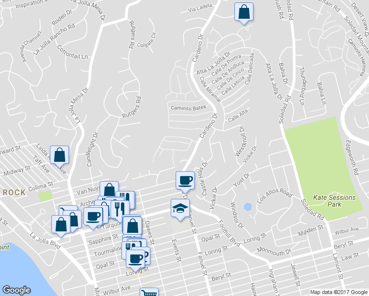 map of restaurants, bars, coffee shops, grocery stores, and more near 1374 Caminito Arriata in La Jolla