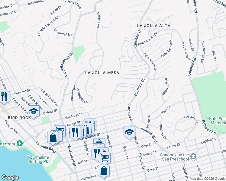 map of restaurants, bars, coffee shops, grocery stores, and more near 5438 Caminito Bayo in San Diego