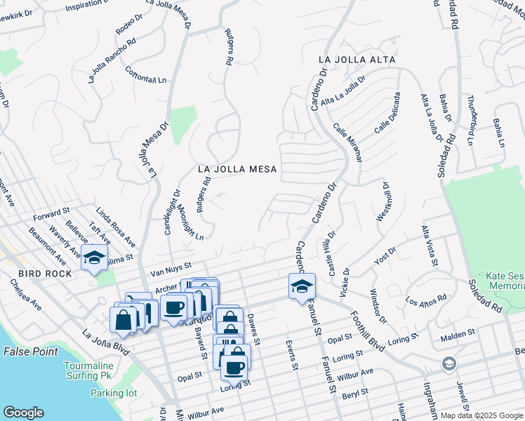map of restaurants, bars, coffee shops, grocery stores, and more near 5438 Caminito Bayo in San Diego