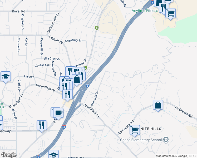 map of restaurants, bars, coffee shops, grocery stores, and more near 1468 Bermuda Lane in El Cajon