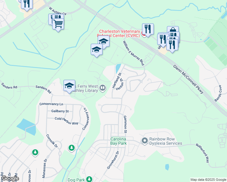 map of restaurants, bars, coffee shops, grocery stores, and more near 4070 Hartland Street in Charleston