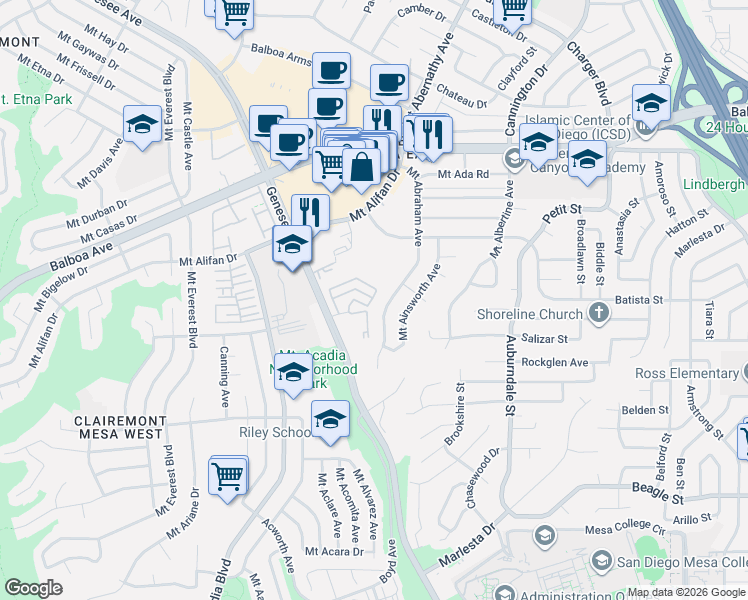 map of restaurants, bars, coffee shops, grocery stores, and more near 5645 Caminito Katerina in San Diego