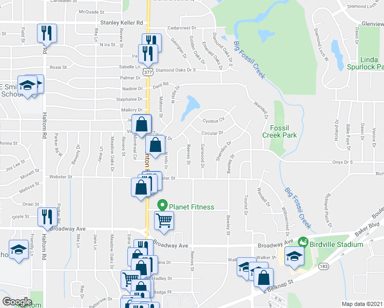 map of restaurants, bars, coffee shops, grocery stores, and more near 3550 Reeves Street in Haltom City