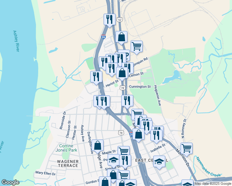 map of restaurants, bars, coffee shops, grocery stores, and more near in Charleston
