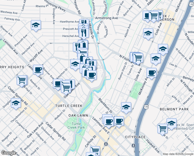 map of restaurants, bars, coffee shops, grocery stores, and more near 3883 Turtle Creek Boulevard in Dallas