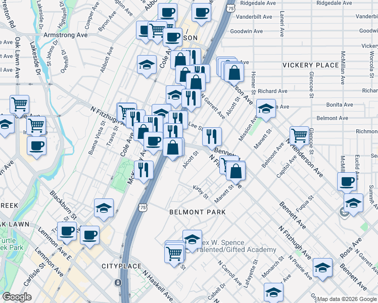 map of restaurants, bars, coffee shops, grocery stores, and more near 2819 North Fitzhugh Avenue in Dallas