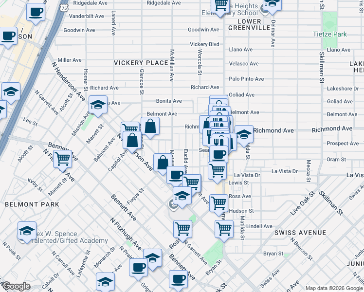 map of restaurants, bars, coffee shops, grocery stores, and more near 2038 Euclid Avenue in Dallas