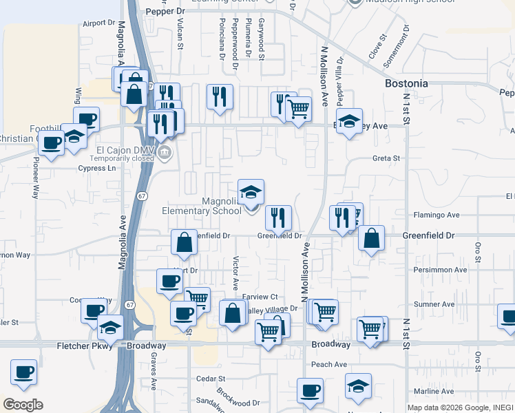 map of restaurants, bars, coffee shops, grocery stores, and more near 650 Greenfield Drive in El Cajon