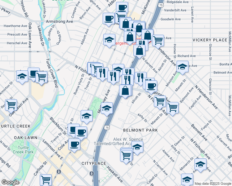 map of restaurants, bars, coffee shops, grocery stores, and more near 4151 North Central Expressway in Dallas