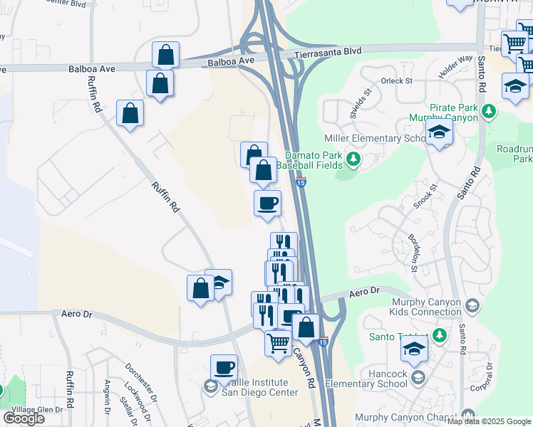 map of restaurants, bars, coffee shops, grocery stores, and more near 3890 Murphy Canyon Road in San Diego