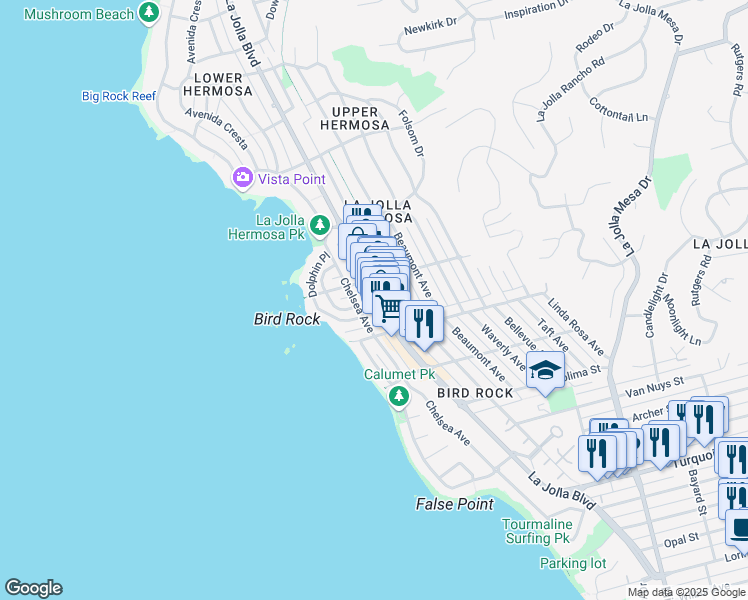 map of restaurants, bars, coffee shops, grocery stores, and more near 5656 La Jolla Boulevard in San Diego