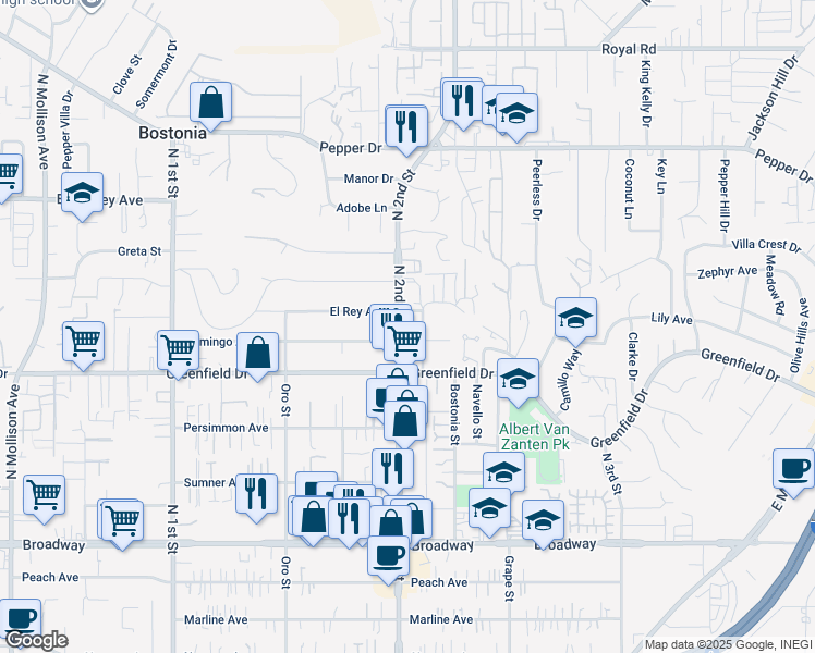 map of restaurants, bars, coffee shops, grocery stores, and more near 1483 North 2nd Street in El Cajon