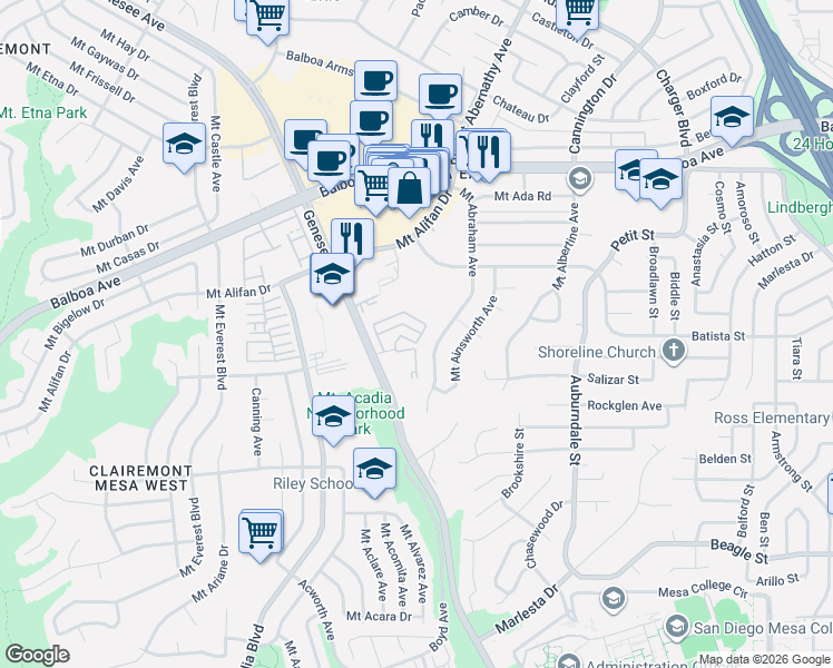 map of restaurants, bars, coffee shops, grocery stores, and more near 5597 Caminito Jose in San Diego