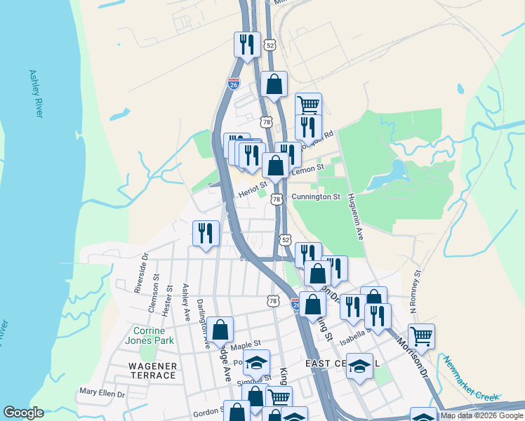 map of restaurants, bars, coffee shops, grocery stores, and more near in Charleston