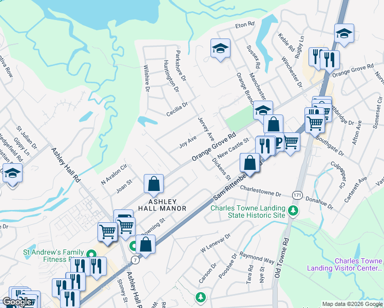 map of restaurants, bars, coffee shops, grocery stores, and more near 1429 Joy Avenue in Charleston
