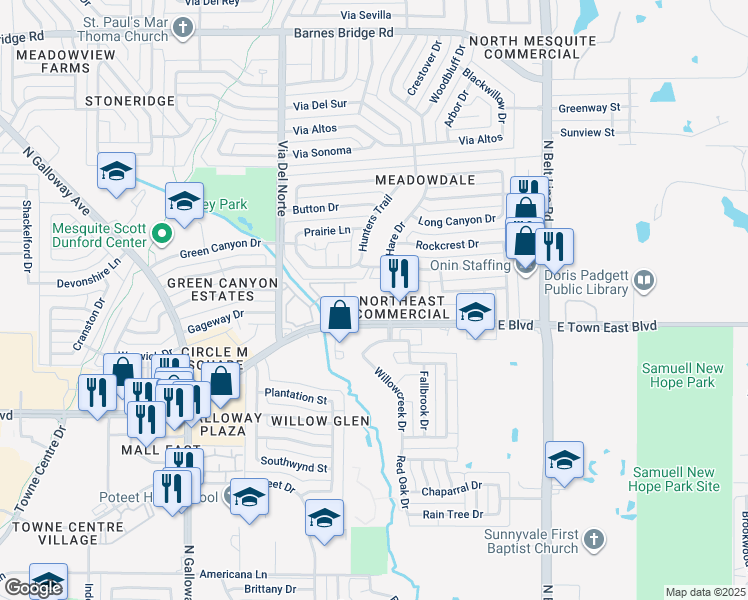 map of restaurants, bars, coffee shops, grocery stores, and more near 504 Green Canyon Drive in Mesquite