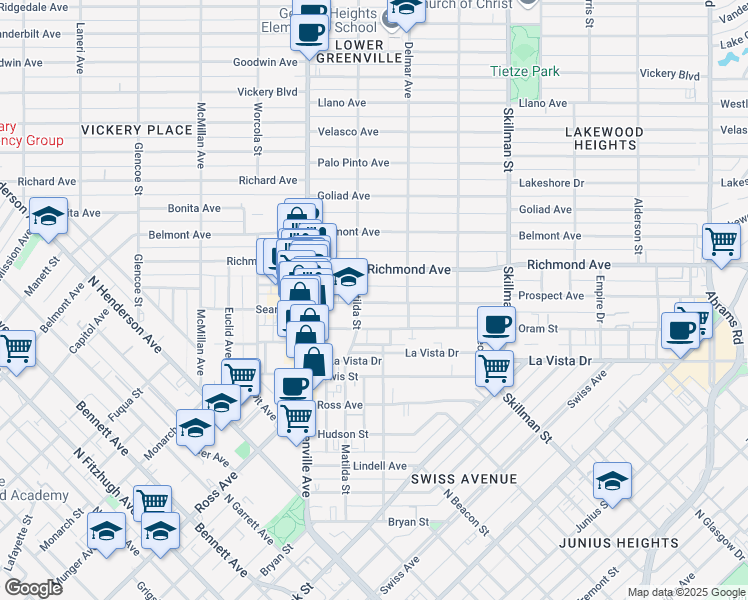map of restaurants, bars, coffee shops, grocery stores, and more near 2118 Matilda Street in Dallas