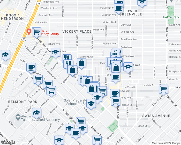 map of restaurants, bars, coffee shops, grocery stores, and more near 5443 Melrose Avenue in Dallas