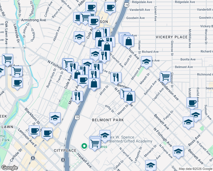 map of restaurants, bars, coffee shops, grocery stores, and more near 2900 North Fitzhugh Avenue in Dallas