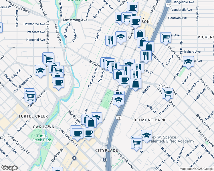 map of restaurants, bars, coffee shops, grocery stores, and more near 4111 Cole Avenue in Dallas