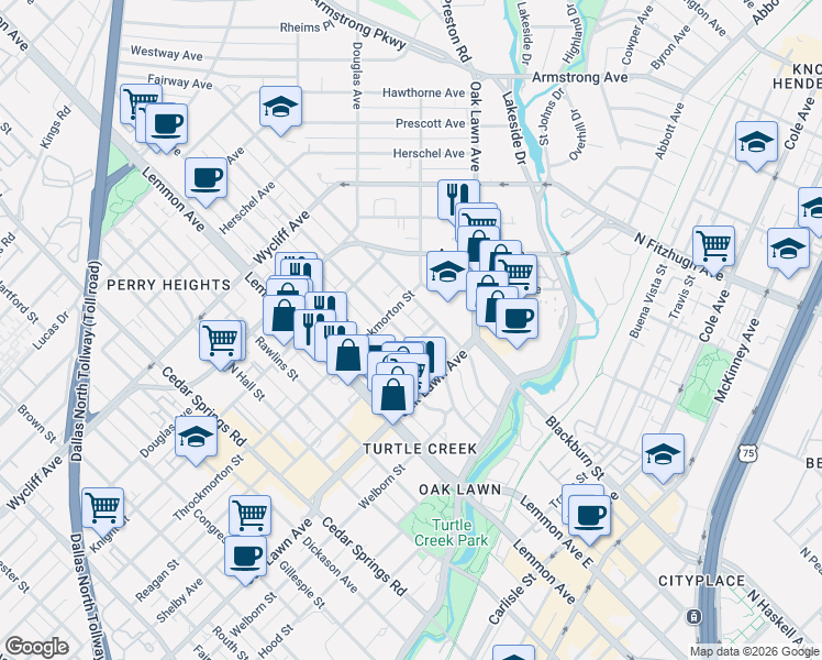 map of restaurants, bars, coffee shops, grocery stores, and more near 3717 Throckmorton Street in Dallas